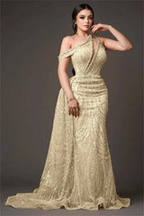 Champagne Gold Prom Dress One Shoulder Sleeveless Evening Formal Dress With Bead Embroidery