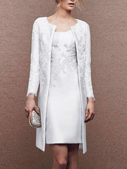 2 Knee Length Satin Lace Sheath Dress for Mothers of the Bride Sleeveless with Appliques