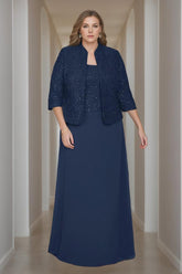 2 Piece Square Neck 3/4 Sleeve Long Mother of the Bride Dress Set with Jacket Lace & Sequins
