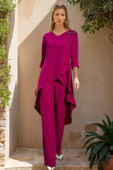 2 Piece V Neck 3/4 Sleeve Long Ruffled Pantsuit with Jewel Embellishments for the Mother of the Bride