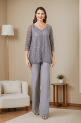3/4 Sleeve V Neck Chiffon Mother of the Bride Pantsuit with Sequins