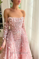 3D Flowers Pink Prom Dress Off The Shoulder Formal Dress With Panel Train