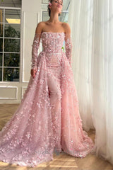 3D Flowers Pink Prom Dress Off The Shoulder Formal Dress With Panel Train