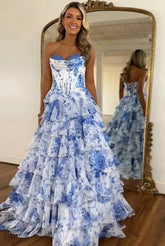 White Blue Prom Dress Flower Tiered Sweetheart Corset Long Formal Dress