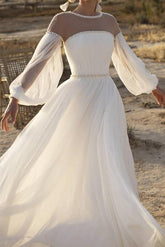 A-Line Beach Wedding Dress Jewel Lace Chiffon Over Satin Long Sleeves Bridal Gowns Country See-Through with Sweep Train