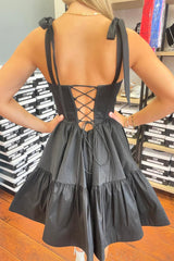 A-Line Black Homecoming Dresses Adjustable Straps Corset Short Cocktail Dresses with Ruffles