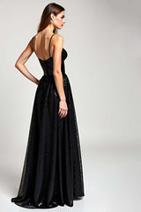 A Line Black Wedding Guest Dress Long Formal Dress With Slit