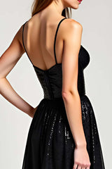 A Line Black Wedding Guest Dress Long Formal Dress With Slit