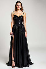 A Line Black Wedding Guest Dress Long Formal Dress With Slit
