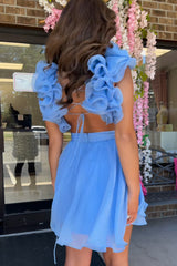 A Line Blue Homecoming Dresses Floral Short Cocktail Dresses