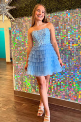 A Line Blue Homecoming Dresses Strapless Corset Short Cocktail Dresses with Ruffles