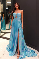 A Line Blue Prom Dress Metallic Formal Dress With Slit