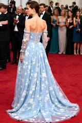 A Line Blue Wedding Guest Dress Flowers Tulle Off The Shoulder Gala Dress With Long Sleeves