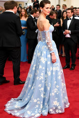 A Line Blue Wedding Guest Dress Flowers Tulle Off The Shoulder Gala Dress With Long Sleeves