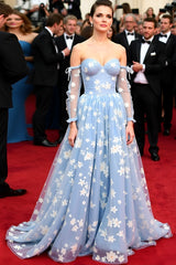 A Line Blue Wedding Guest Dress Flowers Tulle Off The Shoulder Gala Dress With Long Sleeves