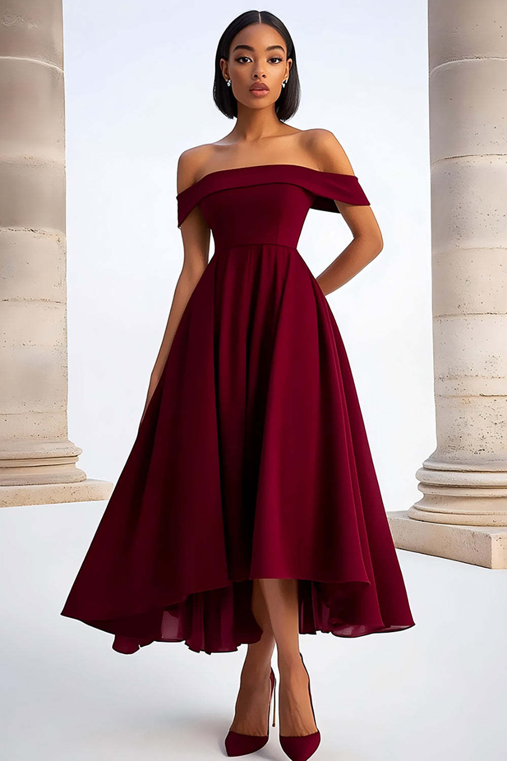 Suzhoufashion A Line Burgundy Wedding Guest Dress Ruched Tea-Length Formal  Dress – suzhoufashion