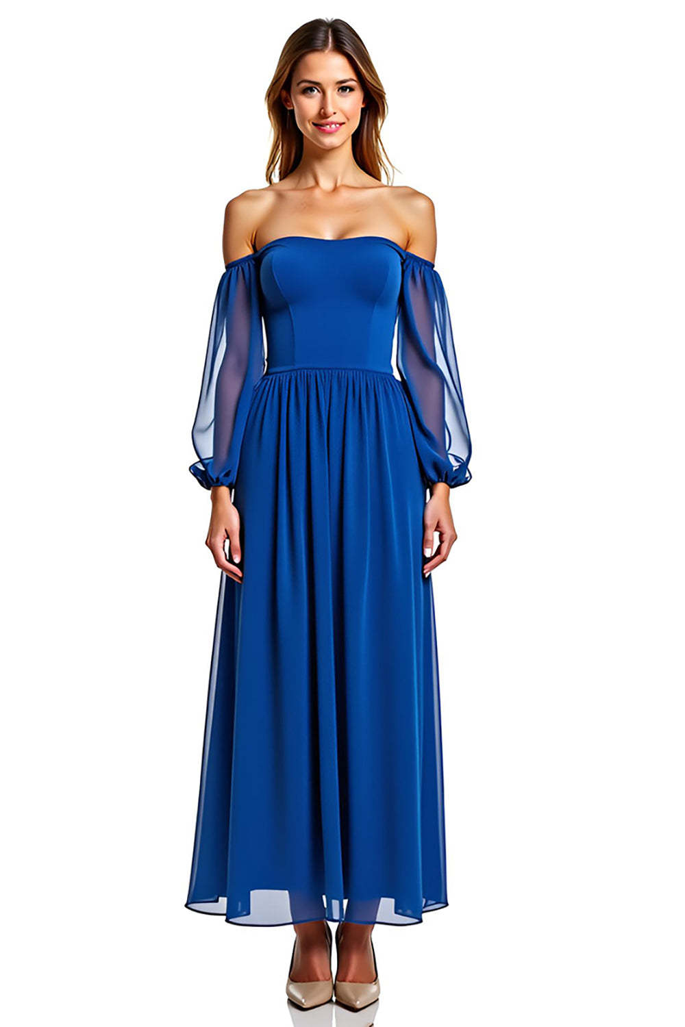 A Line Chiffon Royal Blue Wedding Guest Dress Long Formal Dress With Long Sleeves