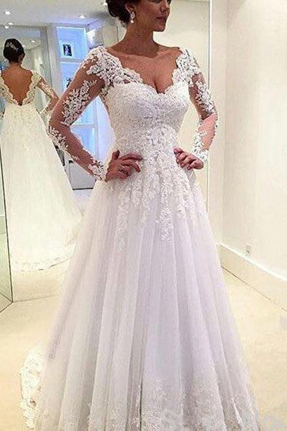 A-Line Elegant White Long Sleeve Bridal Gown Open Back Lace Plus Size Wedding Dress | Suzhoufashion A-Line Elegant White Long Sleeve Bridal Gown Open Back Lace Plus Size Wedding Dress | Suzhoufashion