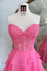 A Line Fuchsia Homecoming Dresses Corset Strapless Short Cocktail Dresses with Ruffles