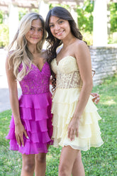 A Line Fuchsia Homecoming Dresses Corset Strapless Short Cocktail Dresses with Ruffles