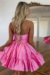 A Line Fuchsia Homecoming Dresses Strapless Tiered Short Cocktail Dresses with Bow