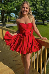 A Line Fuchsia Homecoming Dresses Strapless Tiered Short Cocktail Dresses with Bow