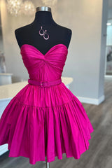 A-Line Fuchsia Homecoming Dresses Sweetheart Pleated Short Cocktail Dresses with Belt
