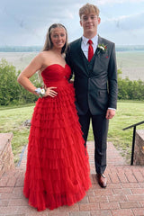 A-Line Fuchsia Prom Dress Tiered Sweetheart Hollow Out Long Formal Dress