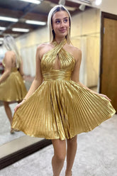 A Line Golden Homecoming Dresses Criss Cross Halter Pleated Short Cocktail Dresses