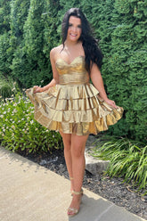 A Line Golden Homecoming Dresses Sweetheart Corset Short Cocktail Dresses With Ruffles