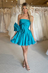 A-Line Green Homecoming Dresses Strapless Satin Short Cocktail Dresses with Bowknot