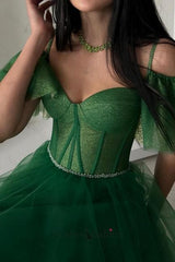 A Line Green Prom Dress Off The Shoulder Tulle Sweetheart Formal Dress With Glitter
