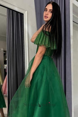 A Line Green Prom Dress Off The Shoulder Tulle Sweetheart Formal Dress With Glitter