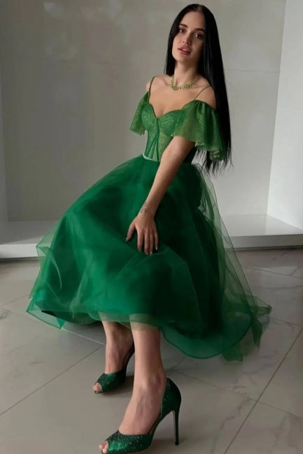 A Line Green Prom Dress Off The Shoulder Tulle Sweetheart Formal Dress With Glitter