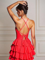 A Line Halter Neck Satin Tiered Homecoming Dress with Keyhole