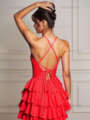 A Line Halter Neck Satin Tiered Homecoming Dress with Keyhole