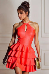 Suzhoufashion A Line Halter Neck Satin Tiered Homecoming Dress with Keyhole