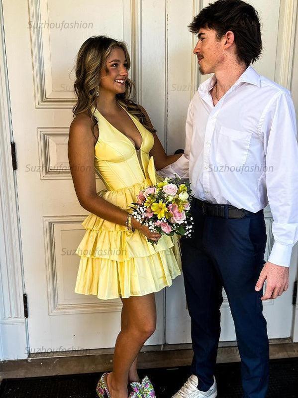 A Line Halter Tiered Ruffle Homecoming Dress with Bow