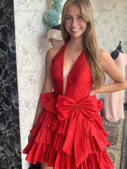 A Line Halter Tiered Ruffle Homecoming Dress with Bow