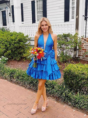 A Line Halter Tiered Ruffle Homecoming Dress with Bow