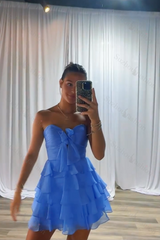A Line Homecoming Dresses Blue Tulle Sweetheart Tiered Cocktail Dresses