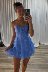 A Line Homecoming Dresses Blue Tulle Sweetheart Tiered Cocktail Dresses