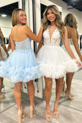 A-Line Homecoming Dresses Halter Tulle Short Cocktail Dresses with Appliques