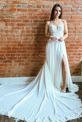 A Line Lace Spaghetti Straps Sleeveless White Beach Wedding Dress Bridal Gown With Split Train