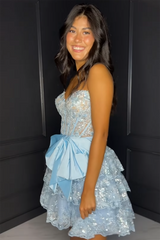 A Line Light Blue Homecoming Dresses Strapless Short Cocktail Dresses with Bow