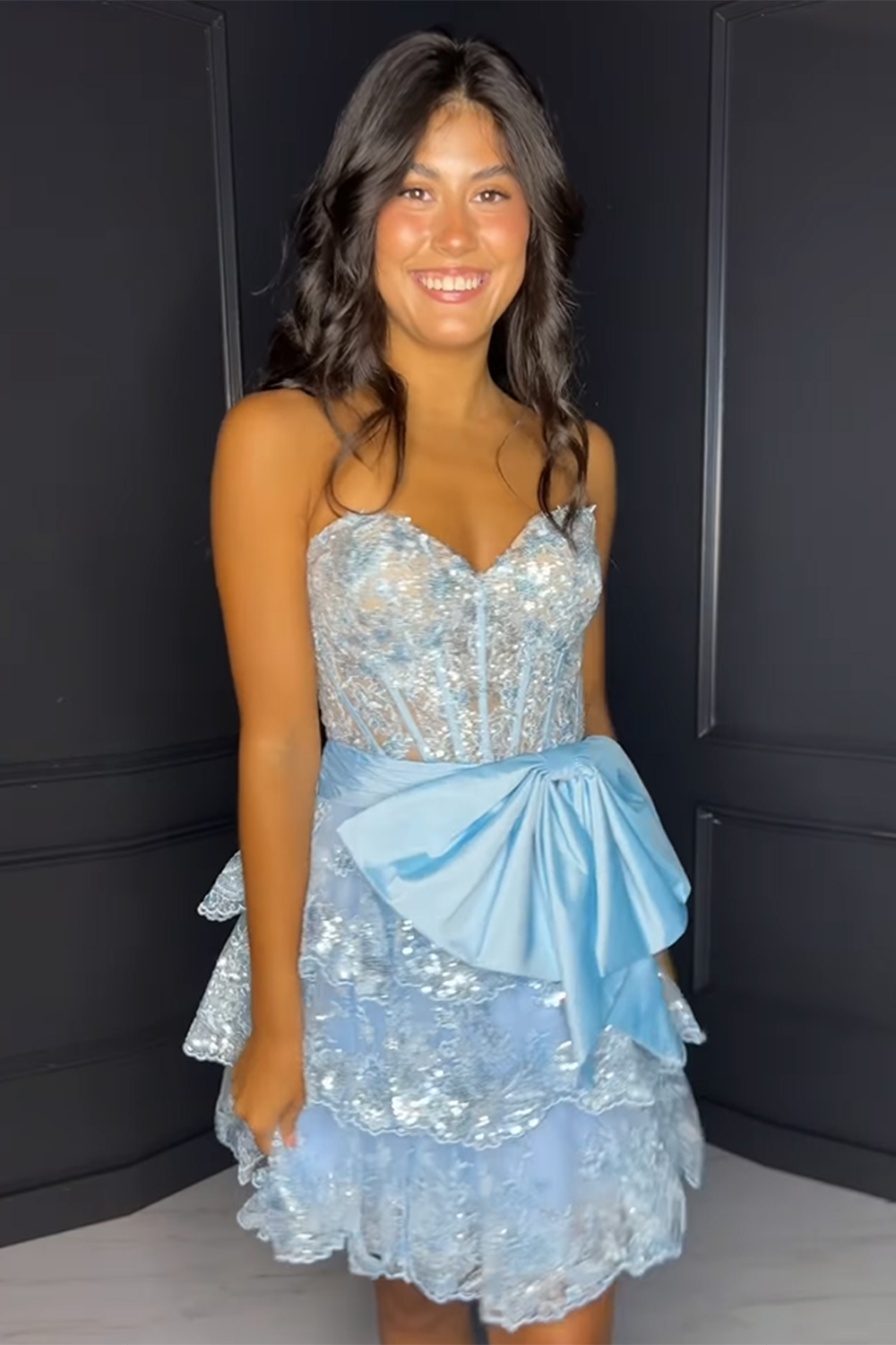 A Line Light Blue Homecoming Dresses Strapless Short Cocktail Dresses with Bow