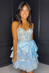 A Line Light Blue Homecoming Dresses Strapless Short Cocktail Dresses with Bow