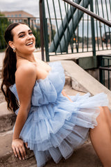 A-Line Light Blue Homecoming Dresses Strapless Tiered Tulle Short Cocktail Dresses