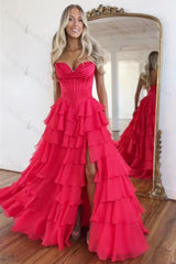 A Line Light Pink Prom Dress Sweetheart Ruffled Long Formal Dress With Slit