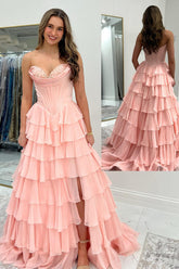 A Line Light Pink Prom Dress Sweetheart Ruffled Long Formal Dress With Slit